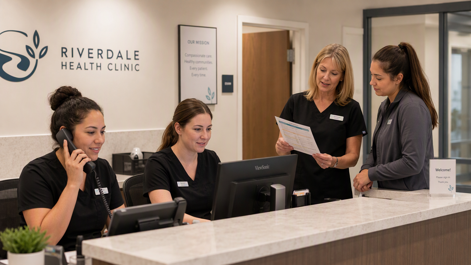 Clinic staff at front desk, one on phone, another reviewing screen, brief training huddle