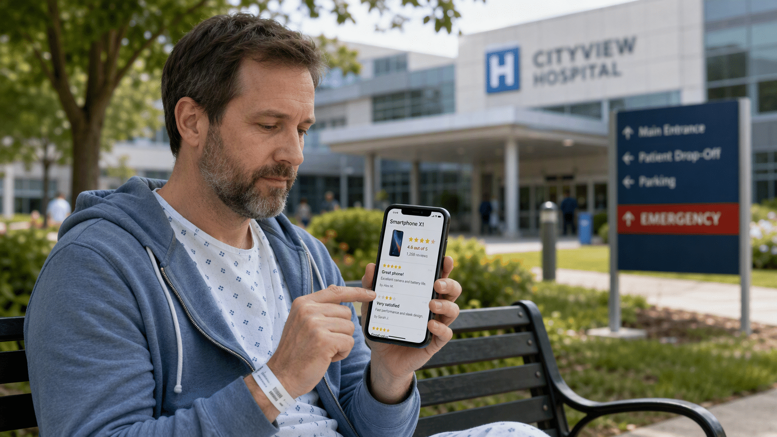 Patient checking smartphone reviews on park bench, hospital exterior visible in soft background.