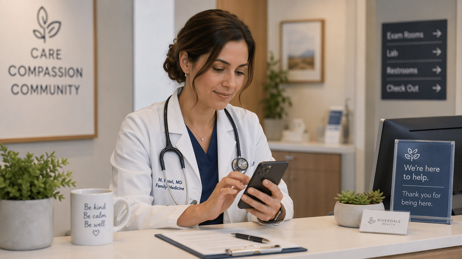 Doctor typing a calm, thoughtful reply on a smartphone at a clinic reception desk.