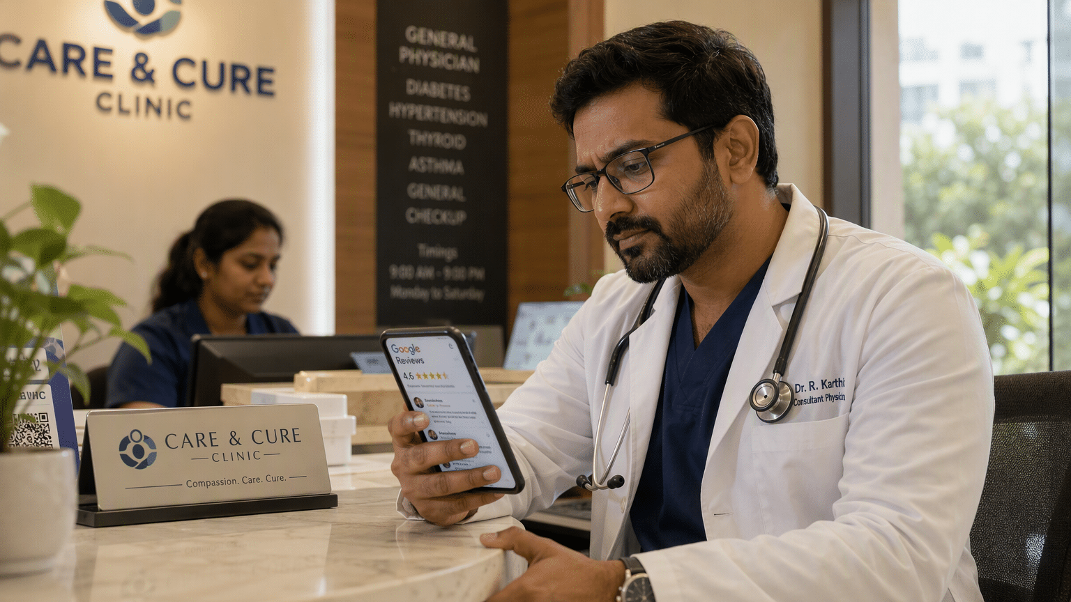 Doctor in Hyderabad clinic checking smartphone reviews at reception desk, warm natural light, genuine concerned expression, candid moment.