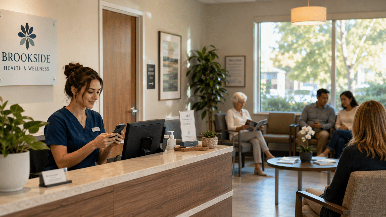 Clinic reception desk, staff member checking phone messages, patients waiting, warm natural light.