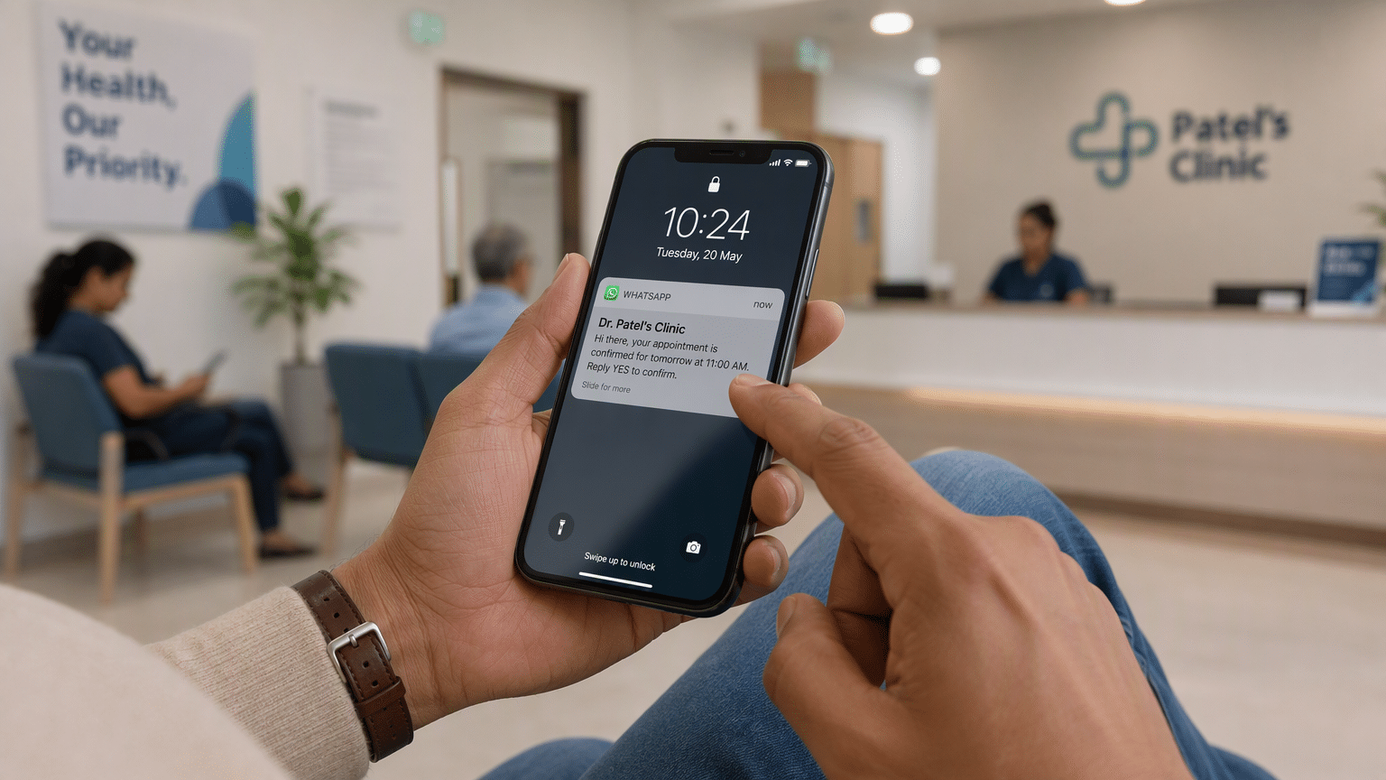 Patients hand tapping smartphone WhatsApp notification, clinic waiting room blurred softly behind them.