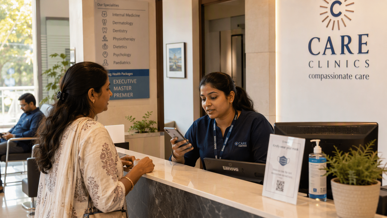 Clinic reception desk in Hyderabad, staff member glancing at smartphone mid-conversation with patient, warm afternoon light, candid moment.