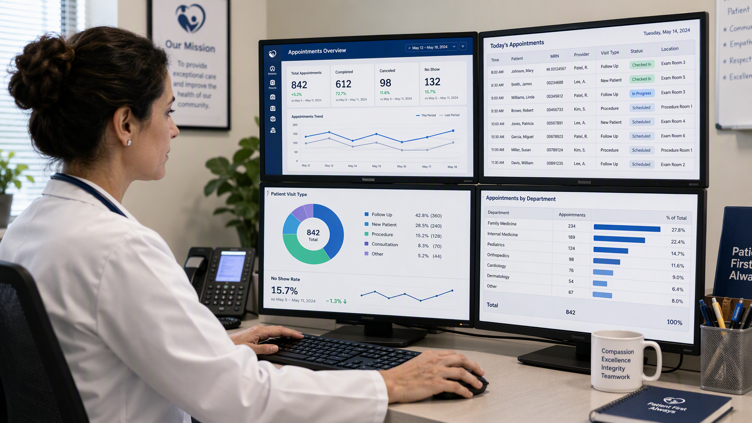 Healthcare professional at computer reviewing departmental patient appointment data on multiple organized screens.