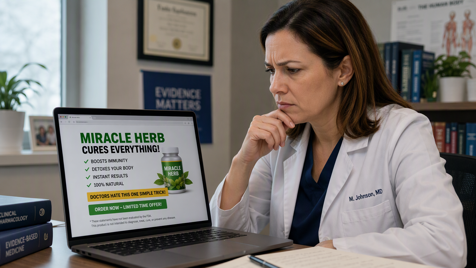 Healthcare professional reviewing misleading advertisement copy on laptop, concerned expression, natural office lighting.