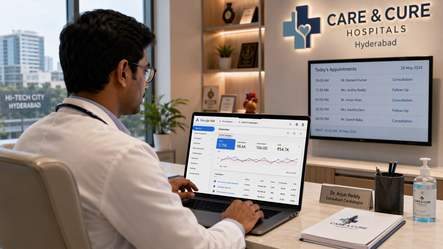 Medical professional in white coat reviewing Google Ads dashboard on laptop in modern Hyderabad hospital consultation room, appointment screen visible