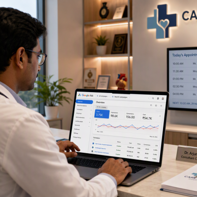 Medical professional in white coat reviewing Google Ads dashboard on laptop in modern Hyderabad hospital consultation room, appointment screen visible