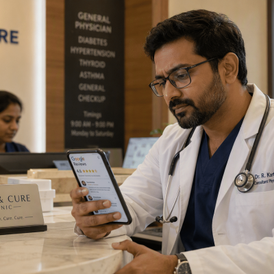 Doctor in Hyderabad clinic checking smartphone reviews at reception desk, warm natural light, genuine concerned expression, candid moment.