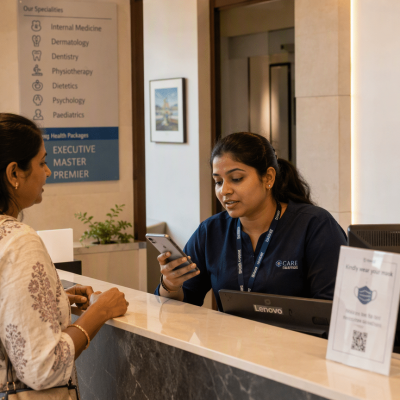 Clinic reception desk in Hyderabad, staff member glancing at smartphone mid-conversation with patient, warm afternoon light, candid moment.